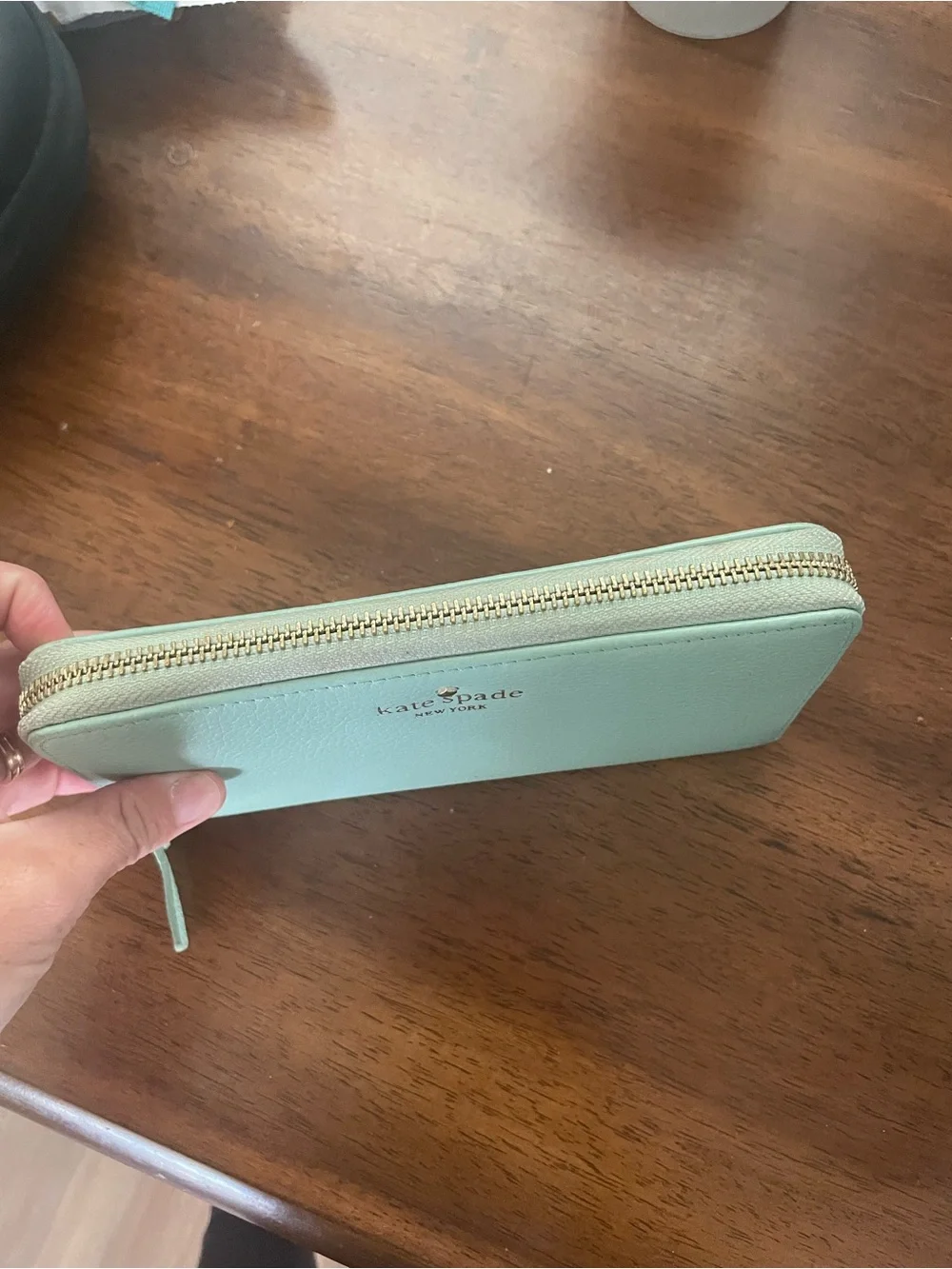 kate spade Mint Green Zip Around Wallet with Gold Logo